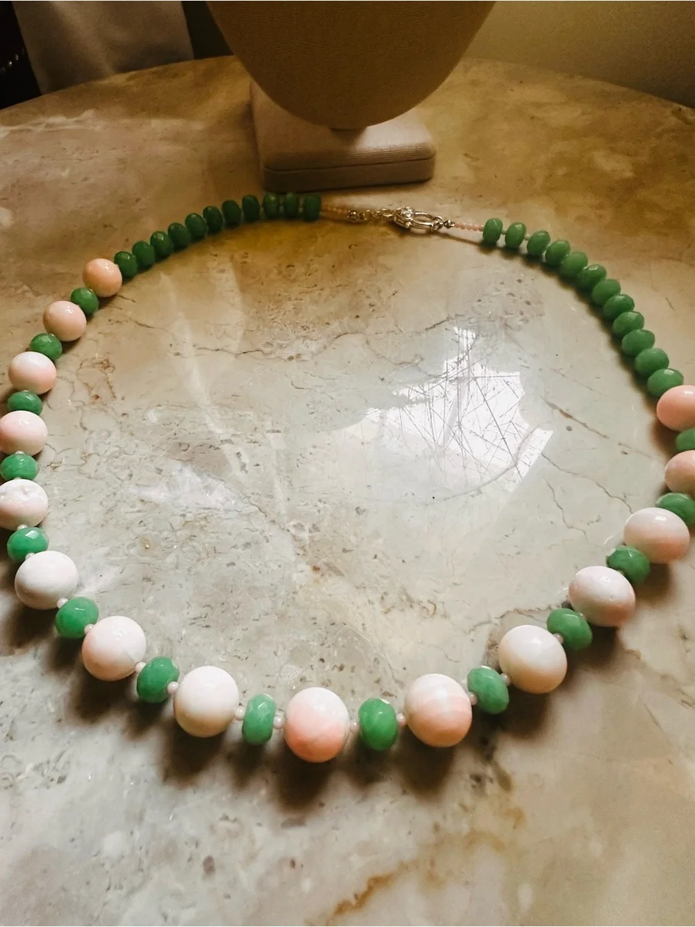 Green Genuine Jade and Pale Pink AngelSkin Coral Beaded Necklace - Women Jewelry - Picture 8 of 13